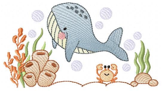 Whale embroidery designs - Ocean Animal Big Fish with crown machine embroidery pattern - Sea Life Baby Boy - Instant digital download pes