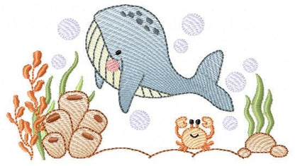 Whale embroidery designs - Ocean Animal Big Fish with crown machine embroidery pattern - Sea Life Baby Boy - Instant digital download pes