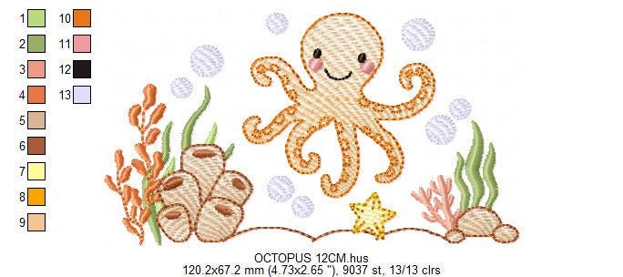 Octopus embroidery design - Cephalopod machine embroidery pattern - Ocean animals seashell coral sea - Instant digital download pes jef dst
