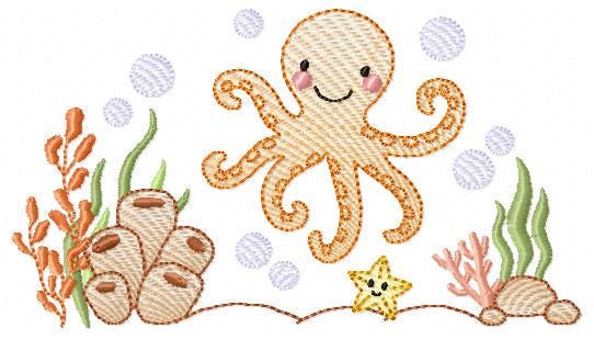 Octopus embroidery design - Cephalopod machine embroidery pattern - Ocean animals seashell coral sea - Instant digital download pes jef dst