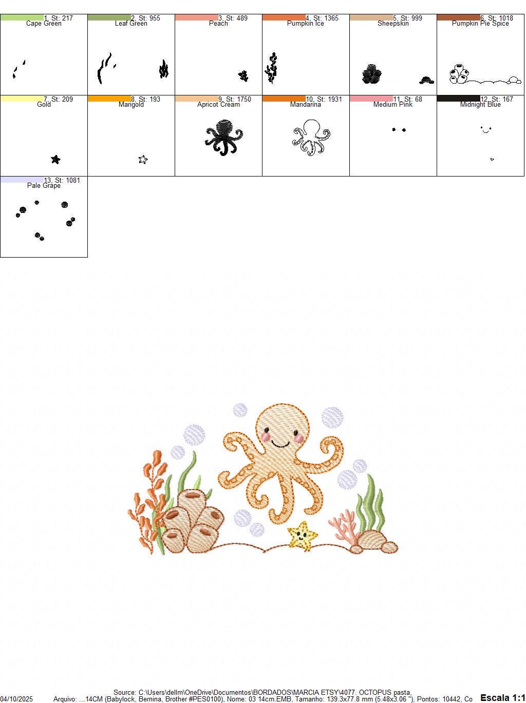 Octopus embroidery design - Cephalopod machine embroidery pattern - Ocean animals seashell coral sea - Instant digital download pes jef dst