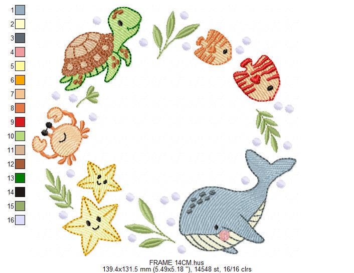 Sea animals monogram frame embroidery design - Whale Turlte fishes crab and star machine embroidery pattern - Ocean coral - Instant download