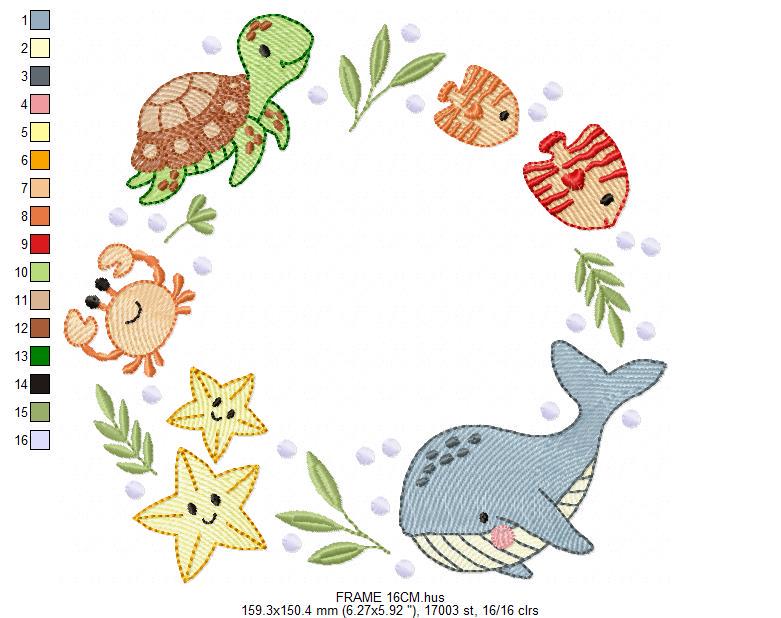 Sea animals monogram frame embroidery design - Whale Turlte fishes crab and star machine embroidery pattern - Ocean coral - Instant download