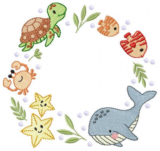 Sea animals monogram frame embroidery design - Whale Turlte fishes crab and star machine embroidery pattern - Ocean coral - Instant download