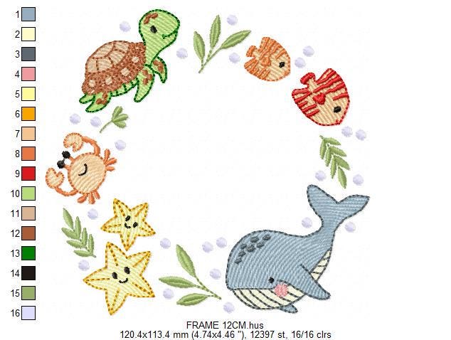 Sea animals monogram frame embroidery design - Whale Turlte fishes crab and star machine embroidery pattern - Ocean coral - Instant download