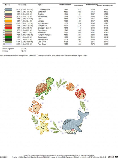 Sea animals monogram frame embroidery design - Whale Turlte fishes crab and star machine embroidery pattern - Ocean coral - Instant download