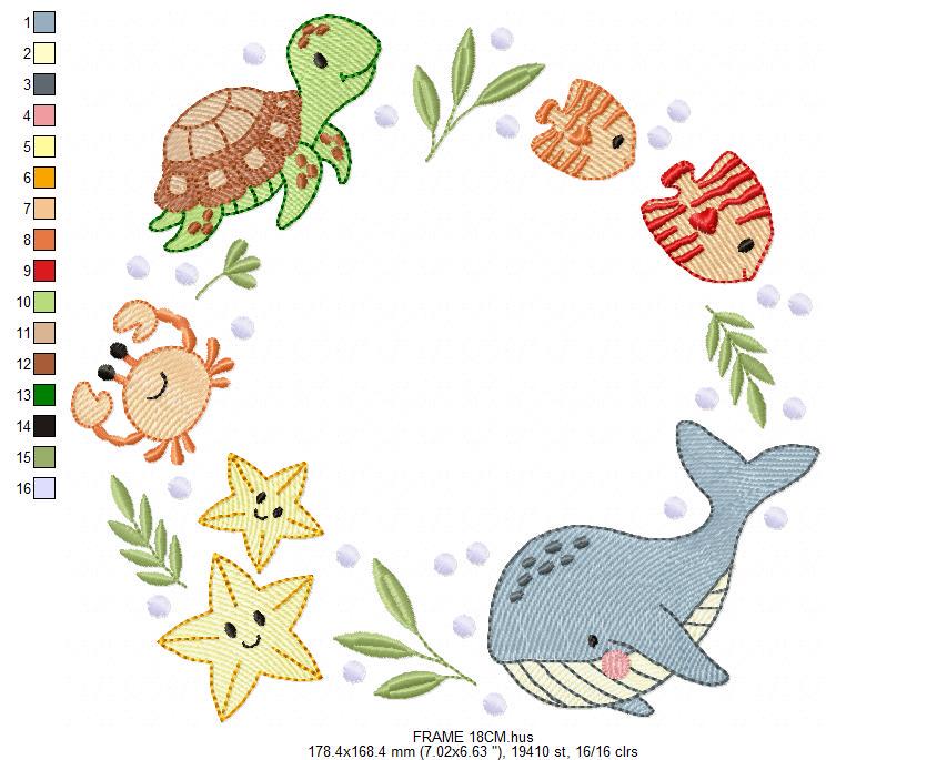 Sea animals monogram frame embroidery design - Whale Turlte fishes crab and star machine embroidery pattern - Ocean coral - Instant download
