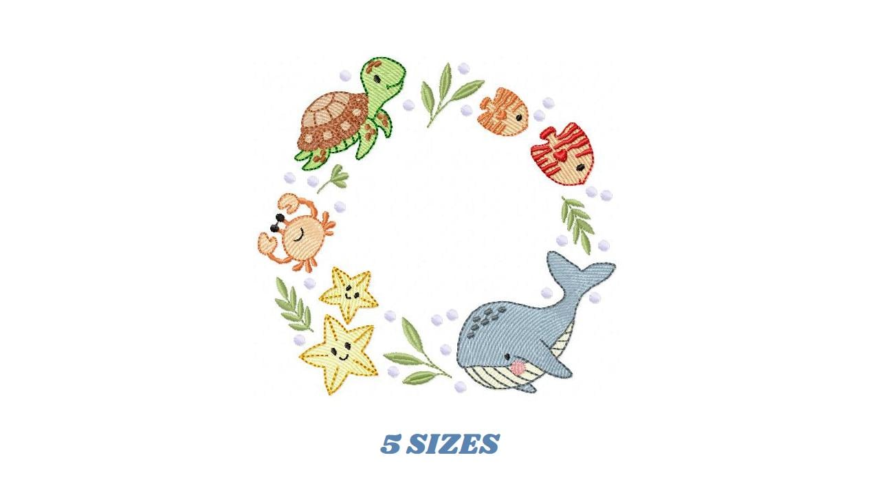 Sea animals monogram frame embroidery design - Whale Turlte fishes crab and star machine embroidery pattern - Ocean coral - Instant download