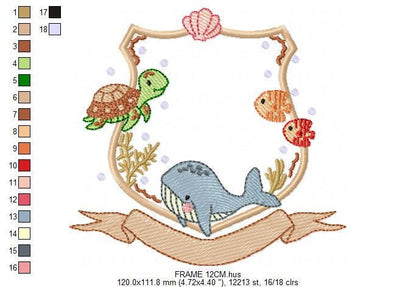 Sea animals monogram frame embroidery design - Whale Turlte fishes shell star machine embroidery pattern - Ocean coral - Instant download