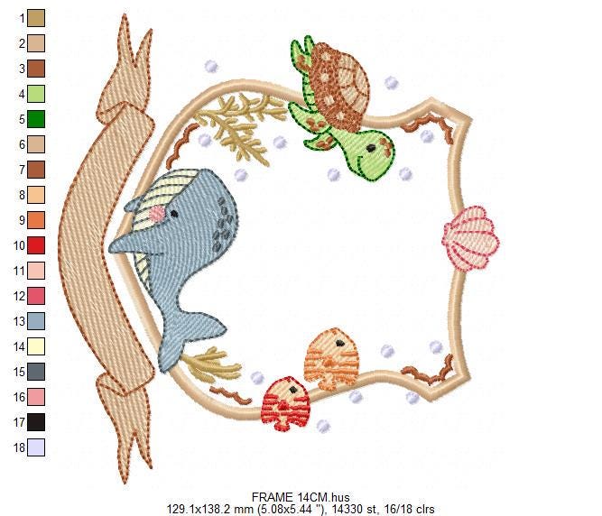 Sea animals monogram frame embroidery design - Whale Turlte fishes shell star machine embroidery pattern - Ocean coral - Instant download