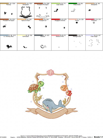 Sea animals monogram frame embroidery design - Whale Turlte fishes shell star machine embroidery pattern - Ocean coral - Instant download