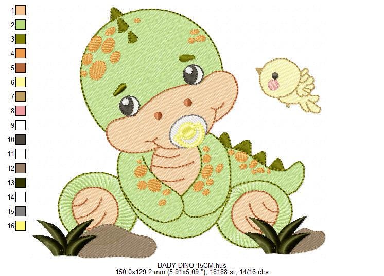 Dinosaur embroidery designs - Baby Boy Dino machine embroidery pattern - Brontosaurus with pacifier - instant digital download pes jef dst