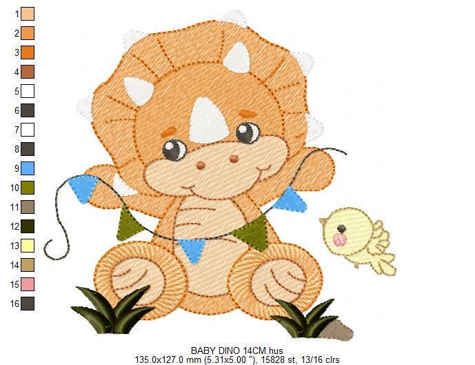 Dinosaur embroidery designs - Dino with flags and birds machine embroidery pattern - Baby Boy Triceratops file - Instant download pes jef