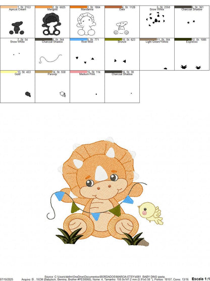 Dinosaur embroidery designs - Dino with flags and birds machine embroidery pattern - Baby Boy Triceratops file - Instant download pes jef