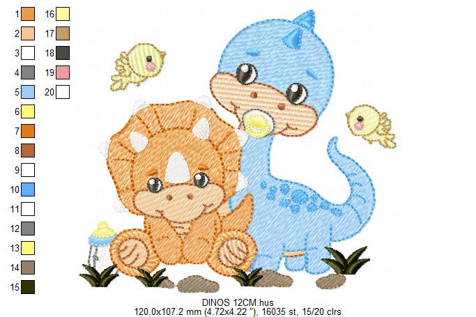 Dinosaur embroidery designs - Dino with pacifier and birds machine embroidery pattern - Brontosaurus and Triceraptor file - Instant download