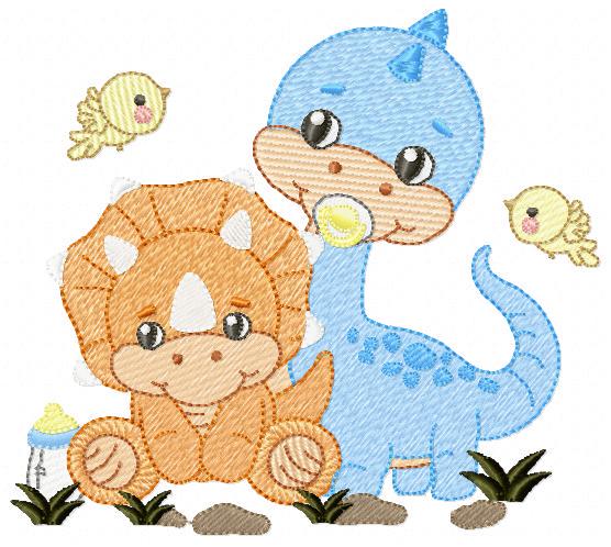 Dinosaur embroidery designs - Dino with pacifier and birds machine embroidery pattern - Brontosaurus and Triceraptor file - Instant download