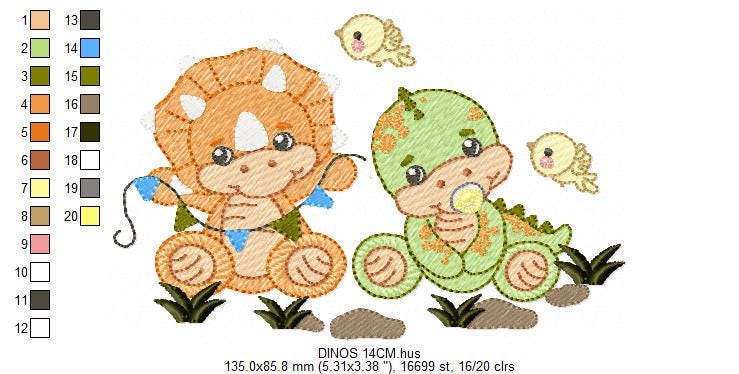 Dinosaur embroidery designs - Baby Dino with pacifier and bird machine embroidery pattern - Boy Tyrannosaurus Triceratops - Instant download