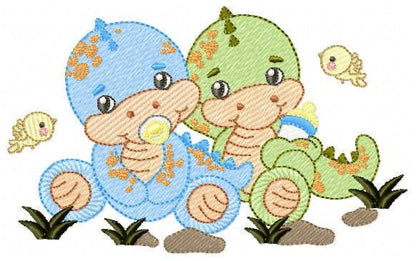 Dinosaur embroidery designs - Baby Boy Dino with pacifier and birds machine embroidery pattern - Brontosaurus T rex - Instant download pes