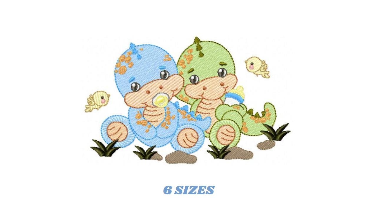 Dinosaur embroidery designs - Baby Boy Dino with pacifier and birds machine embroidery pattern - Brontosaurus T rex - Instant download pes
