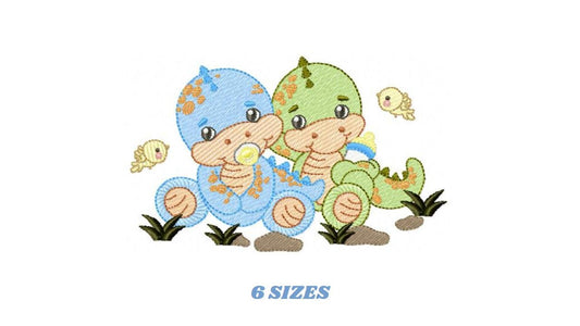 Dinosaur embroidery designs - Baby Boy Dino with pacifier and birds machine embroidery pattern - Brontosaurus T rex - Instant download pes