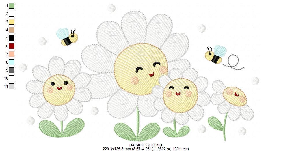 Daisies embroidery designs - Delicate flowers with bees machine embroidery pattern - Floral Kitchen towel - Instant digital download pes jef