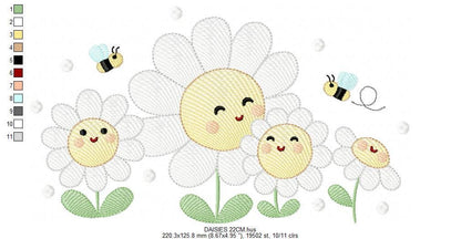 Daisies embroidery designs - Delicate flowers with bees machine embroidery pattern - Floral Kitchen towel - Instant digital download pes jef