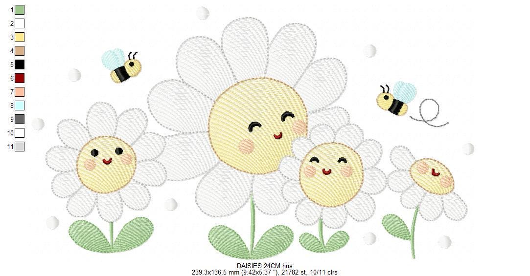 Daisies embroidery designs - Delicate flowers with bees machine embroidery pattern - Floral Kitchen towel - Instant digital download pes jef