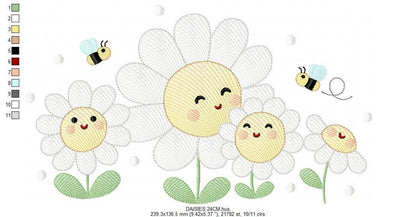 Daisies embroidery designs - Delicate flowers with bees machine embroidery pattern - Floral Kitchen towel - Instant digital download pes jef
