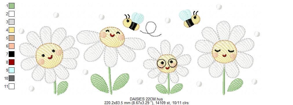 Daisies embroidery designs - Delicate flowers with bees machine embroidery pattern - Floral Kitchen towel - Instant digital download pes jef