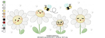 Daisies embroidery designs - Delicate flowers with bees machine embroidery pattern - Floral Kitchen towel - Instant digital download pes jef