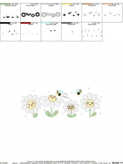 Daisies embroidery designs - Delicate flowers with bees machine embroidery pattern - Floral Kitchen towel - Instant digital download pes jef