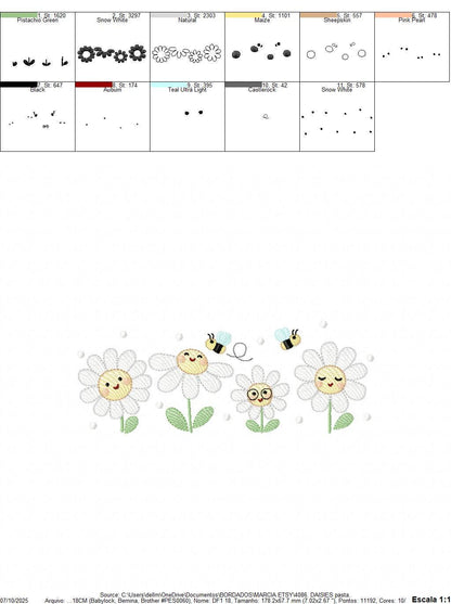 Daisies embroidery designs - Delicate flowers with bees machine embroidery pattern - Floral Kitchen towel - Instant digital download pes jef