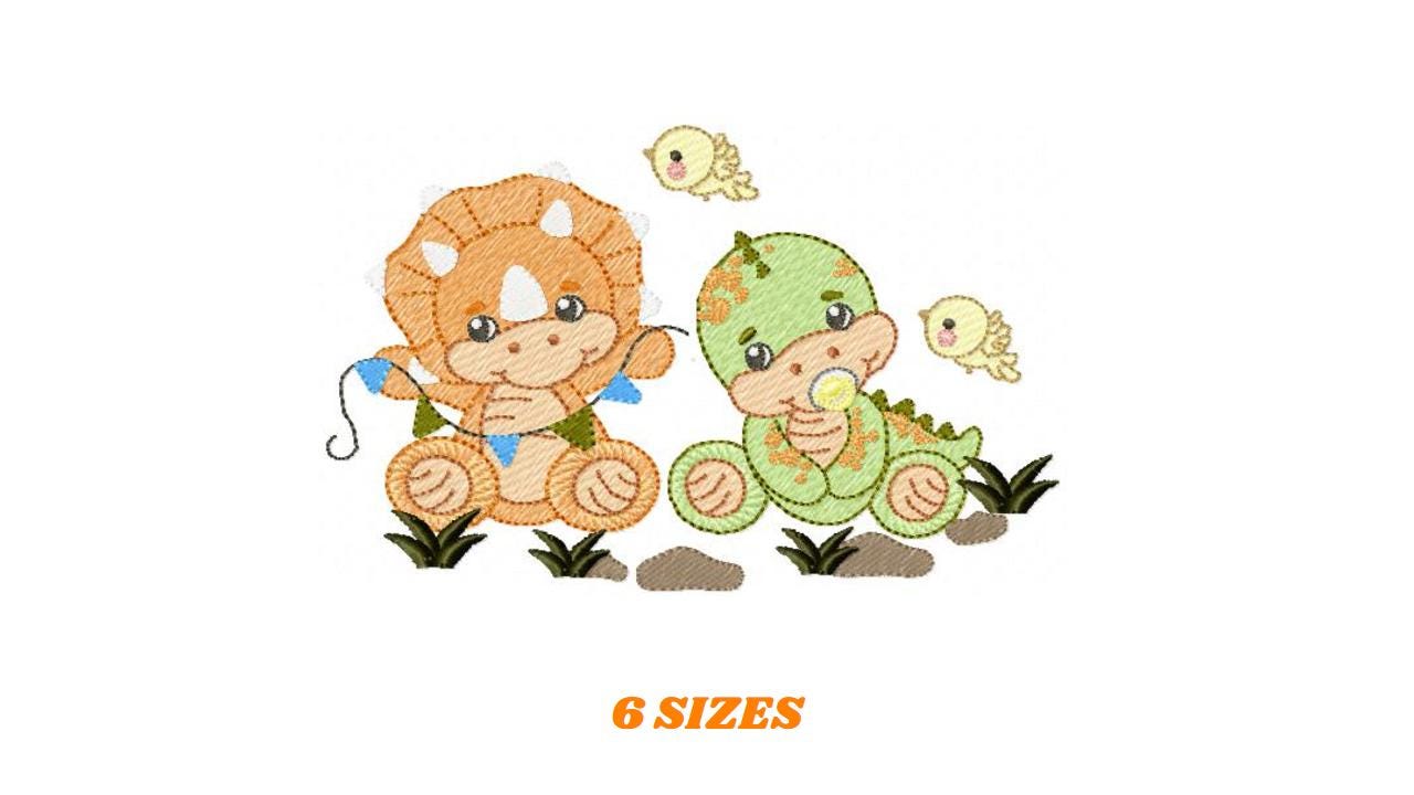 Dinosaur embroidery designs - Baby Dino with pacifier and bird machine embroidery pattern - Boy Tyrannosaurus Triceratops - Instant download