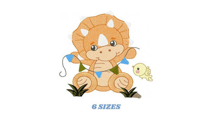 Dinosaur embroidery designs - Dino with flags and birds machine embroidery pattern - Baby Boy Triceratops file - Instant download pes jef