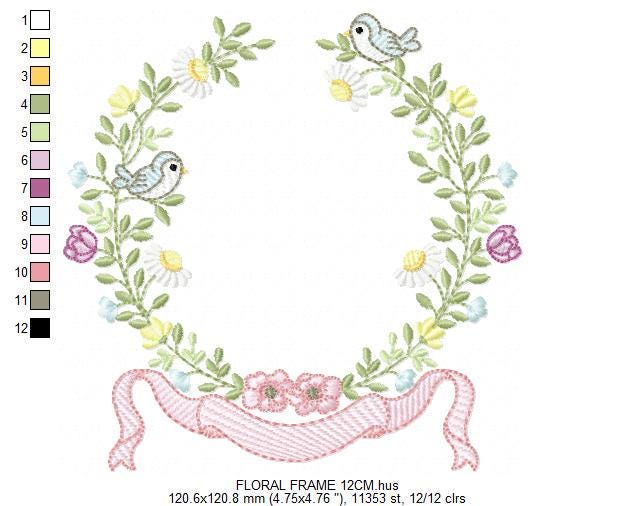 Birds with flower frame embroidery designs - Floral Wreath machine embroidery pattern - Daisies Kitchen Towel - Instant digital download pes
