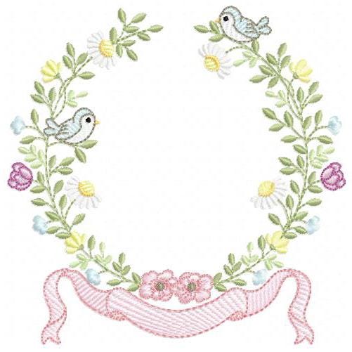 Birds with flower frame embroidery designs - Floral Wreath machine embroidery pattern - Daisies Kitchen Towel - Instant digital download pes