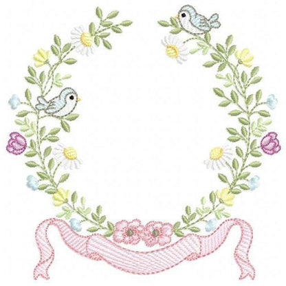Birds with flower frame embroidery designs - Floral Wreath machine embroidery pattern - Daisies Kitchen Towel - Instant digital download pes