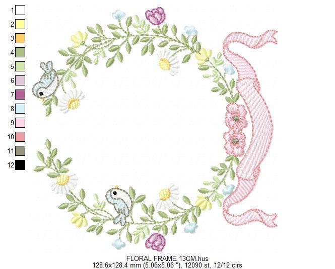 Birds with flower frame embroidery designs - Floral Wreath machine embroidery pattern - Daisies Kitchen Towel - Instant digital download pes
