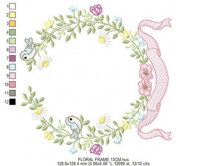Birds with flower frame embroidery designs - Floral Wreath machine embroidery pattern - Daisies Kitchen Towel - Instant digital download pes