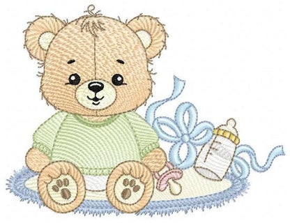 Teddy Bear embroidery designs - Male bear with bottle and pacifier machine embroidery pattern - Baby boy children toy - instant download pes
