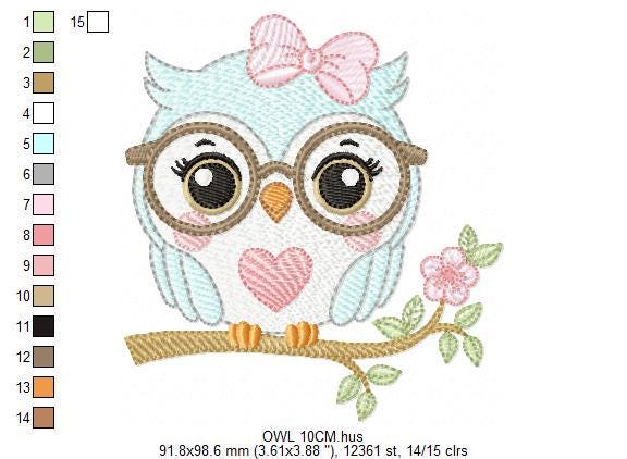 Owl embroidery design - Bird with glasses machine embroidery pattern - Baby Girl Owl with flowers and lace - Instant digital download jef