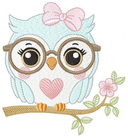 Owl embroidery design - Bird with glasses machine embroidery pattern - Baby Girl Owl with flowers and lace - Instant digital download jef