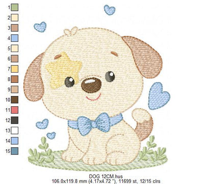 Dogs embroidery designs - Dog with hearts and bow tie machine embroidery pattern - Mutt Rescue Puppy file - Instant digital download pes