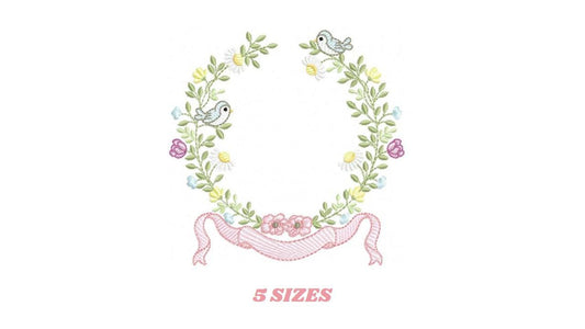Birds with flower frame embroidery designs - Floral Wreath machine embroidery pattern - Daisies Kitchen Towel - Instant digital download pes