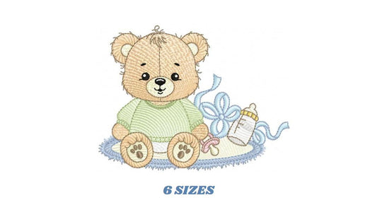 Teddy Bear embroidery designs - Male bear with bottle and pacifier machine embroidery pattern - Baby boy children toy - instant download pes