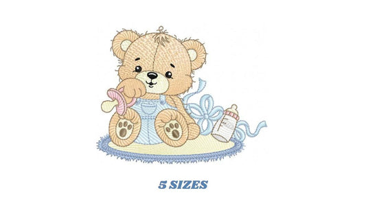 Teddy Bear embroidery designs - Newborn bear with pacifier and bottle machine embroidery pattern - Baby boy children toy - instant download
