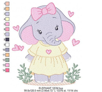 Elephant with dress and heart embroidery designs - Safari Wild Animal machine embroidery pattern - Baby Girl file - Instant digital download