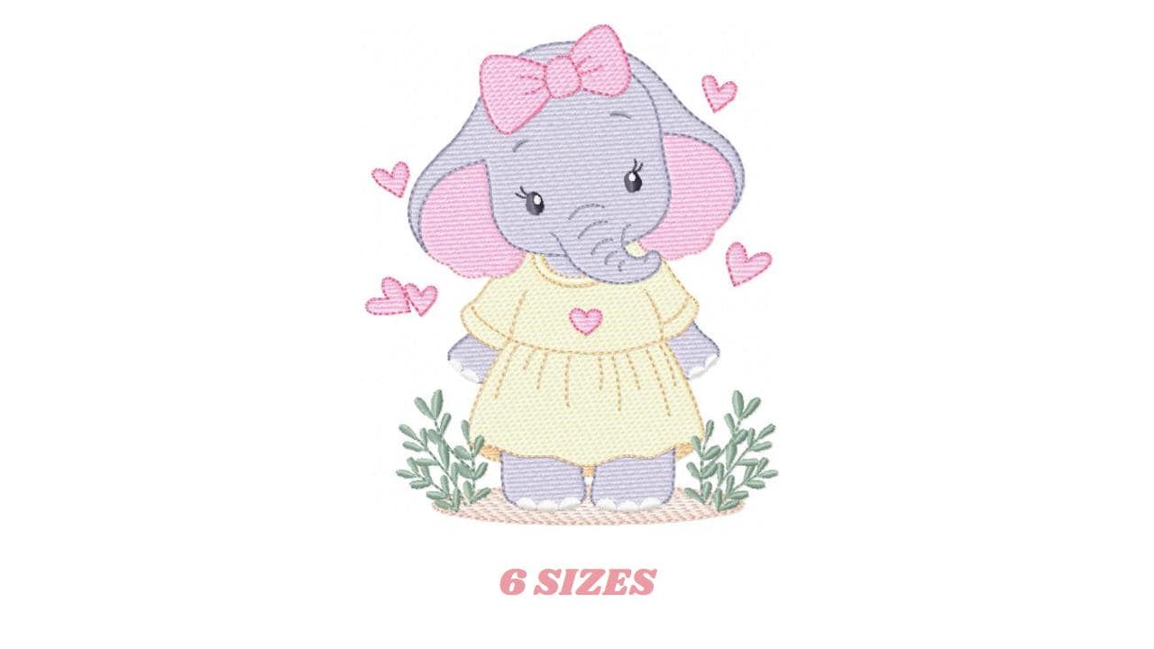 Elephant with dress and heart embroidery designs - Safari Wild Animal machine embroidery pattern - Baby Girl file - Instant digital download