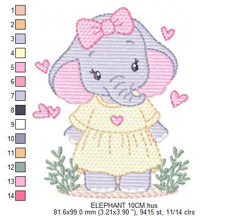 Elephant with dress and heart embroidery designs - Safari Wild Animal machine embroidery pattern - Baby Girl file - Instant digital download