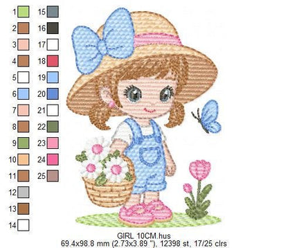 Girl Farmer embroidery designs - Farmer with straw hat and daisies machine embroidery pattern - Girl with flower basket - Instant download